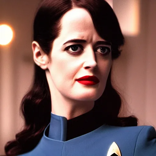 Image similar to a full body photograph of 3 0 year old eva green as a star fleet officer from star trek next generation, extreme realism and detail, 8 k, completely framed, direct lighting, 3 5 mm photo, photorealistic, sharp focus