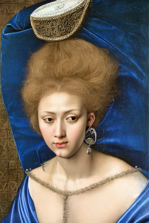 Image similar to hyper - realistic close - up portrait of a medieval blonde with a huge amount of color in the caravaggio style, pale skin, in a silver silk robe, blue palette