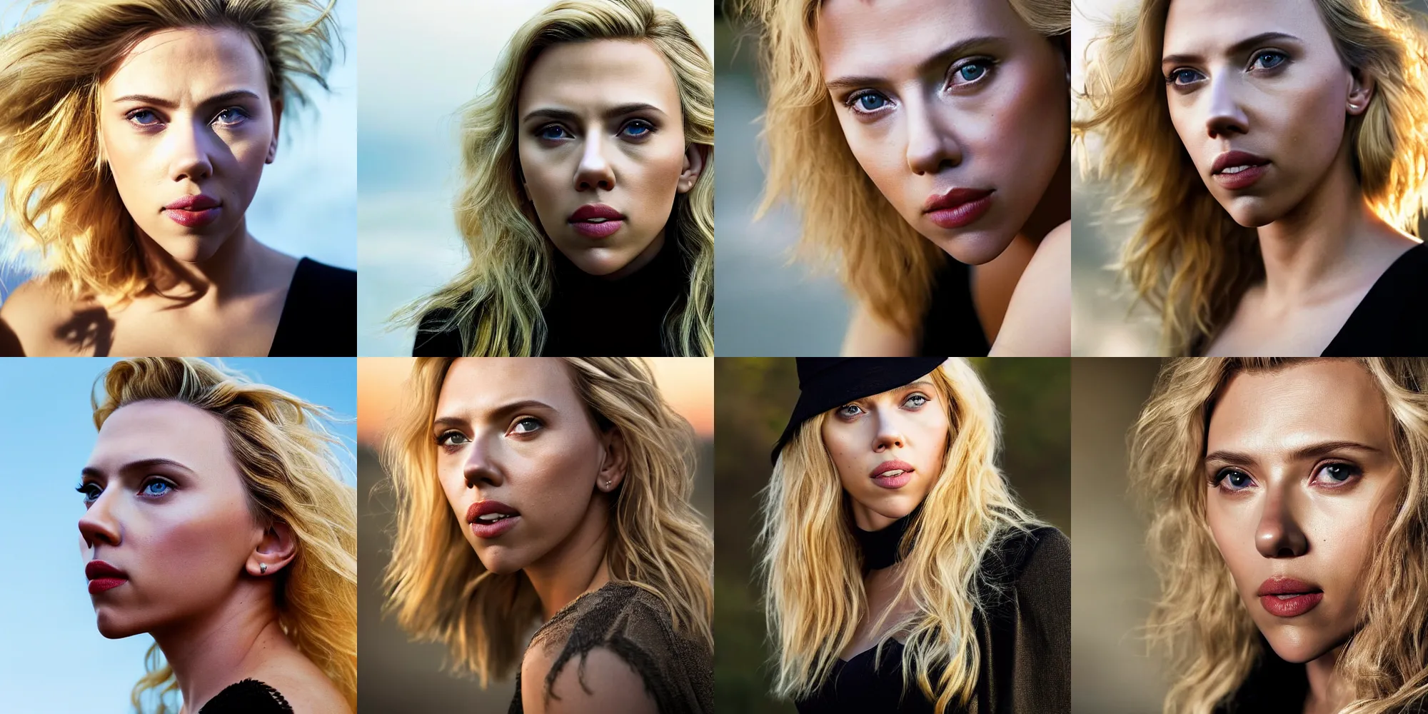 Prompt: close - up photo still of scarlett johansson looking off into the distance, long blond hair, black dress, realistic, golden hour, photorealistic, ultra detailed, intricate, natural light falling on her face. the focus is on her eyes and brows, fujifilm x - pro 2, by annie leibowitz