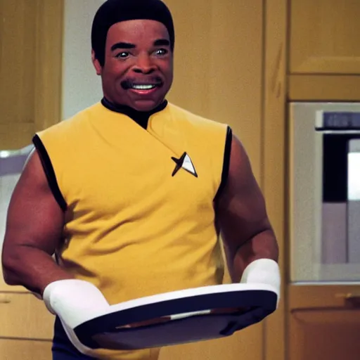 Image similar to Geordi LaForge wearing visor and a colander and random kitchen tools on his head