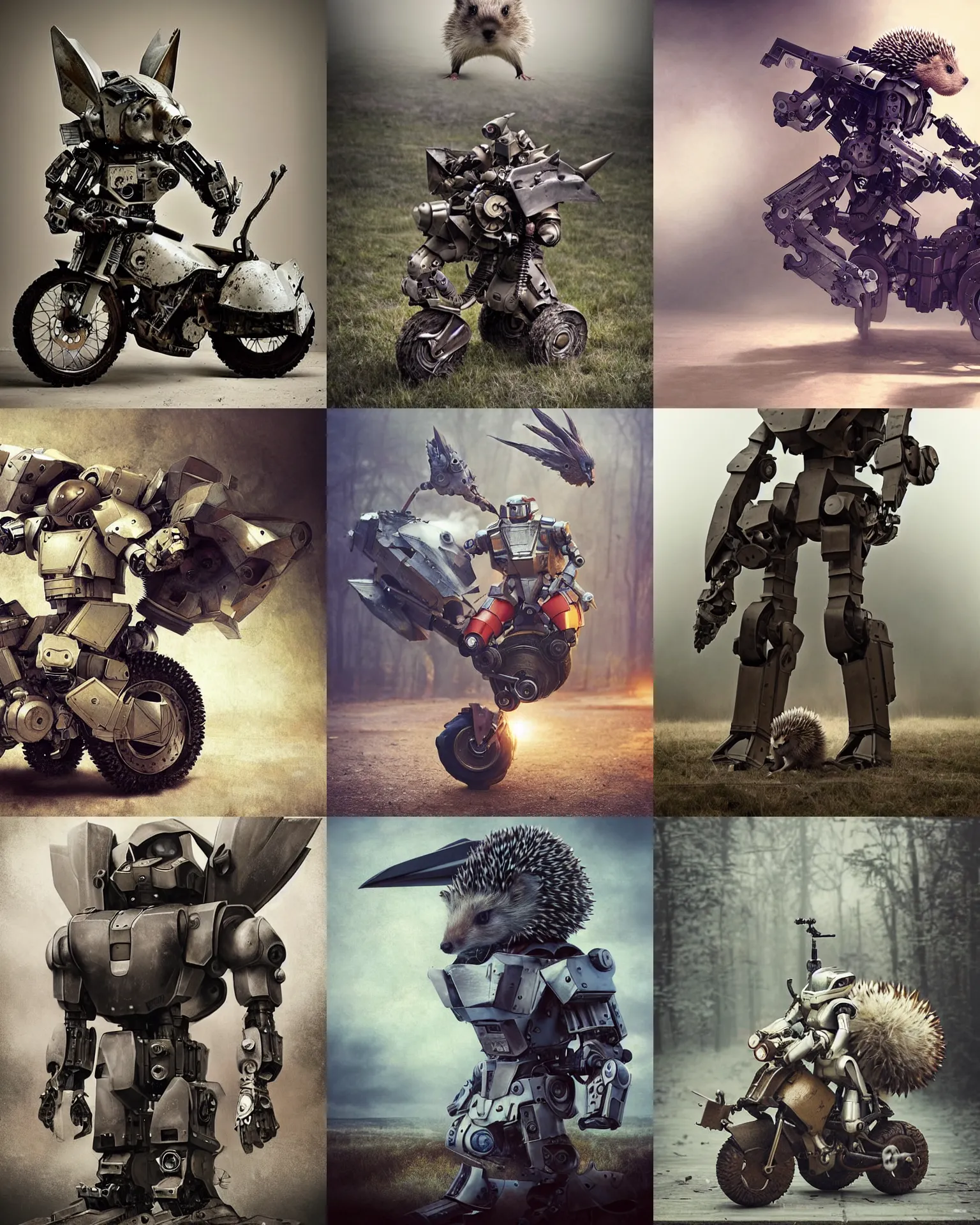 Prompt: hedgehog!!! on mecha robot war armor battle motorcycle with giant rabbit and long ears ,in moscow , full body , Cinematic focus, Polaroid photo, vintage , neutral dull colors, soft lights, foggy mist , by oleg oprisco , by thomas peschak, by discovery channel, by victor enrich , by gregory crewdson