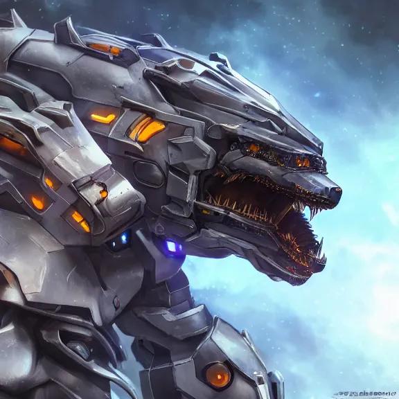 Image similar to hyper realistic, epic, highly detailed cinematic full body shot of a gigantic feral mecha canine, sharp metal claws, cannon mounted on back, sleek armor, glowing visor, destroying city, digital art, furry art, macro art, dragon art, furaffinity, deviantart, sofurry