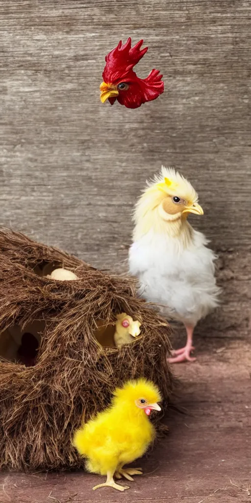 Image similar to a small yellow fuzzy newly hatched Chick with her miniature birthday cake in a barnyard with a Rhode island red rooster watching, highly detailed, dlsr