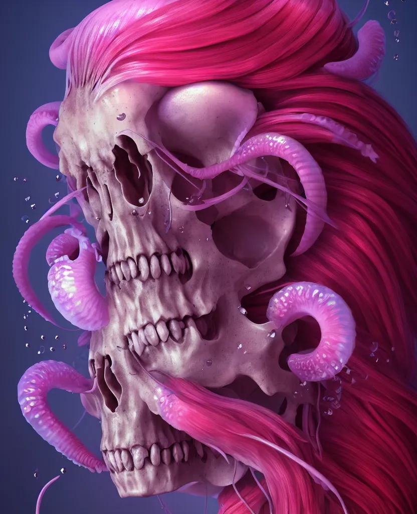 Image similar to goddess close - up portrait human skull, ram skull, squid phoenix jellyfish, orchid, betta fish, bioluminiscent, intricate artwork by tooth wu and wlop and beeple. octane render, trending on artstation, greg rutkowski very coherent symmetrical artwork. cinematic, hyper realism, high detail, octane render, 8 k