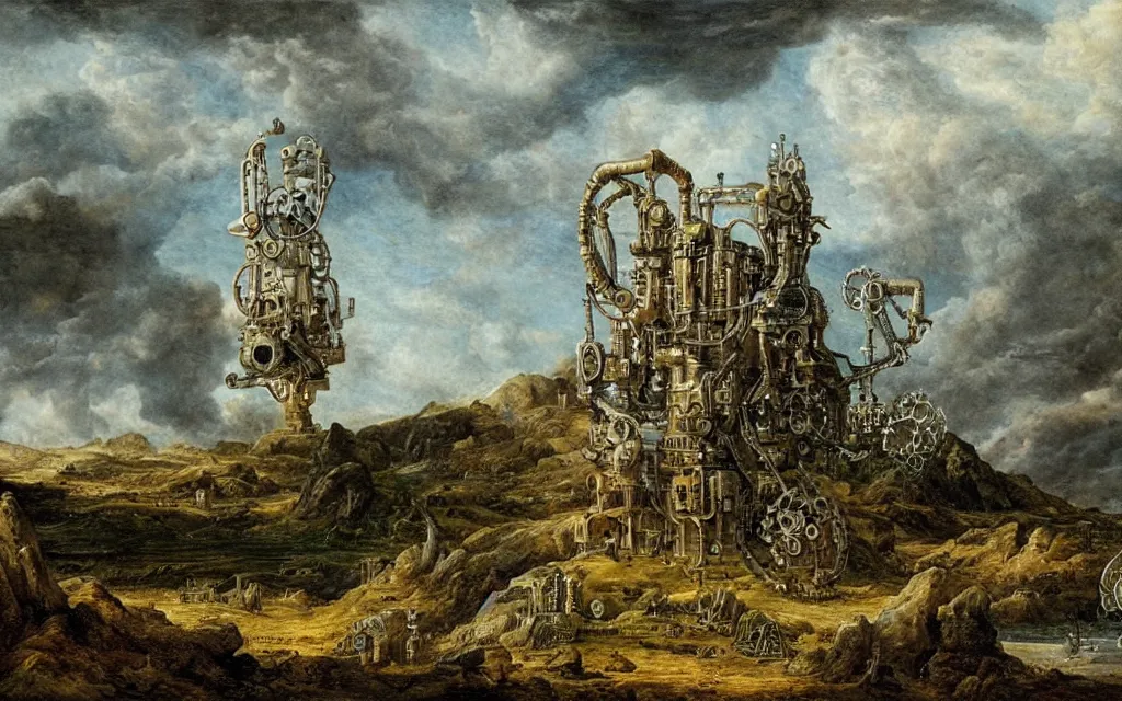 Prompt: complex alien technology in the form of a strange device, with many small parts and strange symbols by beatrix potter and jacob van ruisdael, style of cloudpunk