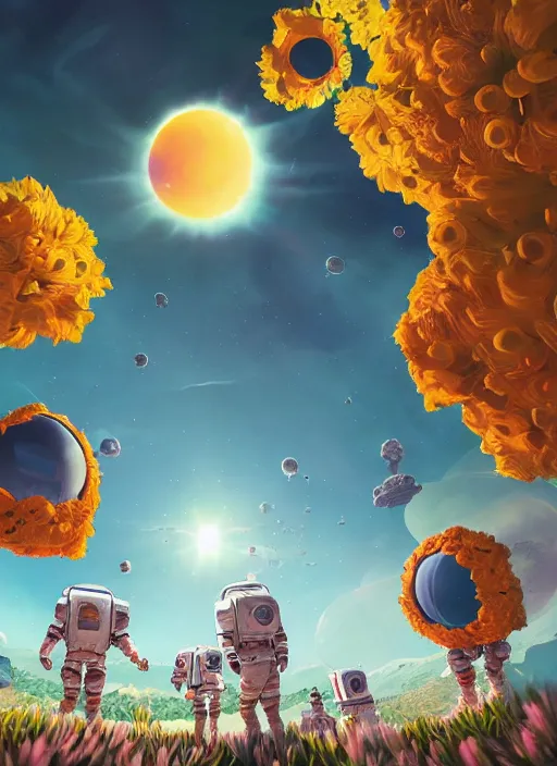 Image similar to An epic fantastic realism comic book style astroneer painting of the most beautiful flowers launched into space, bouquets, solar eclipse, fisheye, unreal 5, DAZ, hyperrealistic, octane render, dynamic lighting