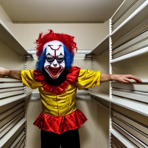 Prompt: photo of a scary clown hiding in your closet