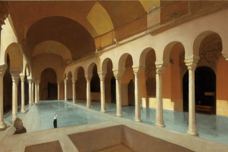 Prompt: painting of the inside of the baths of lady maria de padilla at the alcazar of seville, spain, by shaun tan, by edward hopper