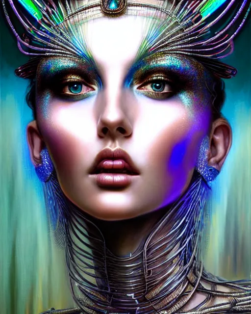 Prompt: hyperrealistic detailed portrait of a beautiful goddess in an iridescent cyber headdress, intricate cyberpunk make - up, art by android jones, john william godward, nekro borja, h. r. giger, gothic - cyberpunk,