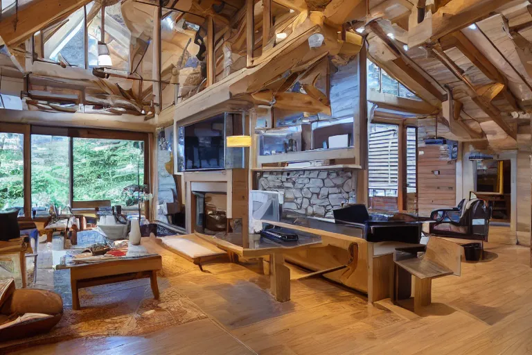 Prompt: modern Japanese living room, high ceiling, luxurious wooden cottage, traditional, Japanese flower arrangements, high-tech devices, traditional fireplace, real estate photography