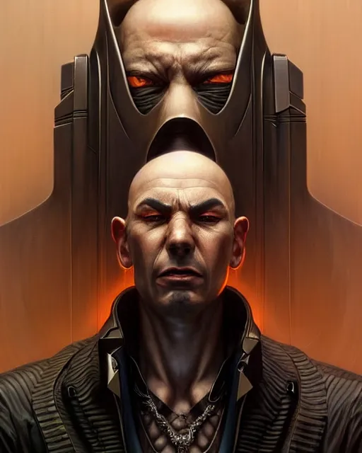 Image similar to front shot of a cyberpunk criminal mastermind character, intricate, elegant, highly detailed, centered, (((artstation, concept art, smooth, sharp focus, artgerm, Tomasz Alen Kopera, Peter Mohrbacher, donato giancola, Joseph Christian Leyendecker, WLOP, Boris Vallejo))), mugshot!!!!!, ugly!!!!!!, octane render, nvidia raytracing demo