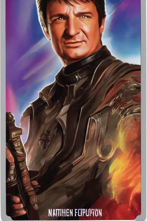 Image similar to card game of nathan fillion, full - view, futuristic, nft