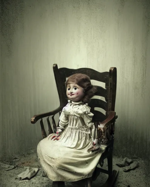 Prompt: portrait of a creepy smiling antique porcelain doll with white eyes wearing a dirty dress with long wet black hair sitting in a rocking chair next to a child’s bed in a dimly lit filthy room in an abandoned old asylum at night, 8k octane render, cinematic, dramatic lighting, volumetric lighting, Craig Mullins, vintage photo, 1890