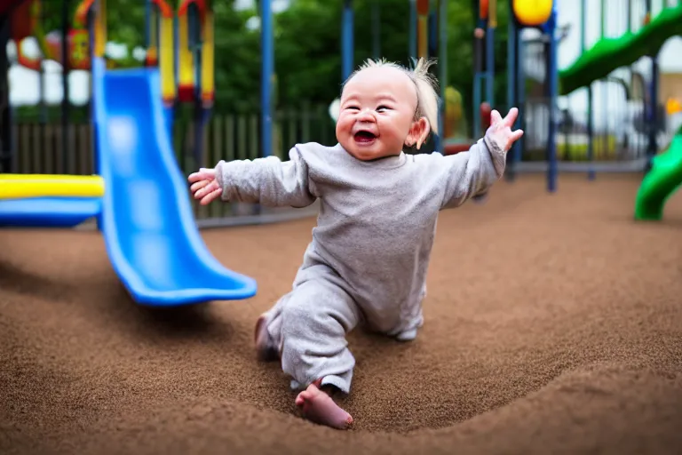 Image similar to photo of Baby Yoda going down a slide at a children’s playground, his arms are in the air and he’s smiling, shallow depth of field, Nikon 50mm f/1.8G,