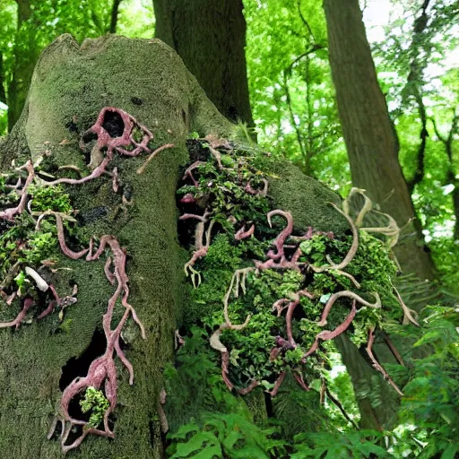 Prompt: tree of life made of plants, flesh, bones, bacteria, fungus, lichen