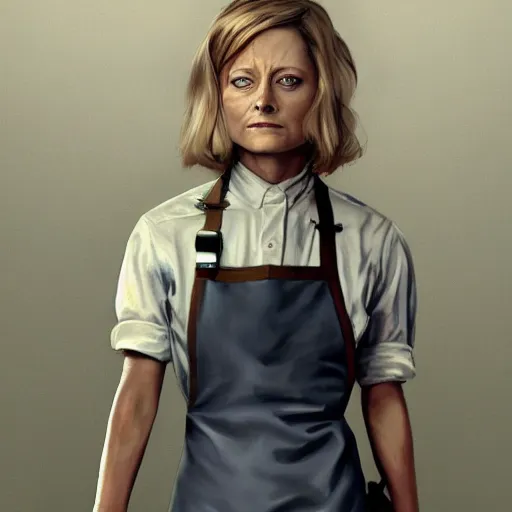 Image similar to portrait of jodie foster dressed an apron dress, carrying a shotgun, apocalypse, sharp focus, illustration, highly detailed, digital painting, concept art, art by wlop and greg cinematic lighting