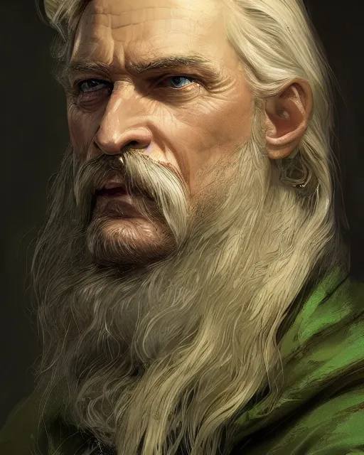 Prompt: half - length portrait of a 7 0 - year - old human male noble with long blonde hair and green eyes, mustache, no beard, medieval setting, detailed face, highly detailed, artstation, concept art, sharp focus, by greg rutkowski, craig mullins, artgerm
