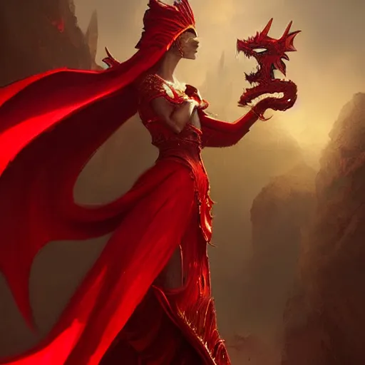 Image similar to a woman in red, she wears a golden mask os dragon, epic fantasy digital art, fantasy style art, by Greg Rutkowski, fantasy hearthstone card art style