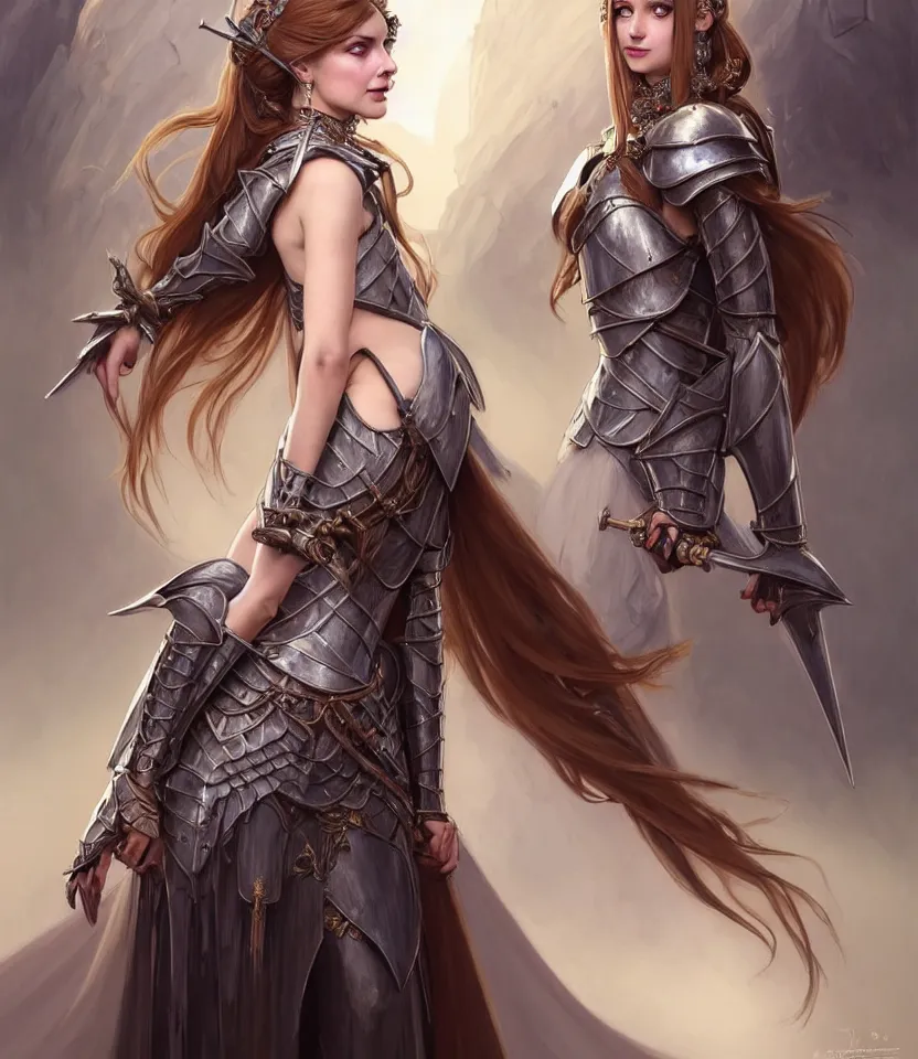 Image similar to portrait of a gorgeous female knight, looking at camera, D&D, choker on neck, stylish dress, very long flowing hair, intricate, elegant, stylish, cute smile, fantasy, extremely detailed, digital painting, artstation, concept art, smooth, sharp focus, illustration, ambient lighting, art by artgerm and greg rutkowski and alphonse mucha and simon stalenhag