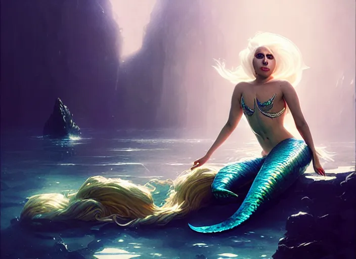 Image similar to lady gaga as a mermaid, intricate, sharp focus, lens flare, bloom, illustration, highly detailed, digital painting, concept art, matte, art by ruan jia and wlop and greg rutkowski