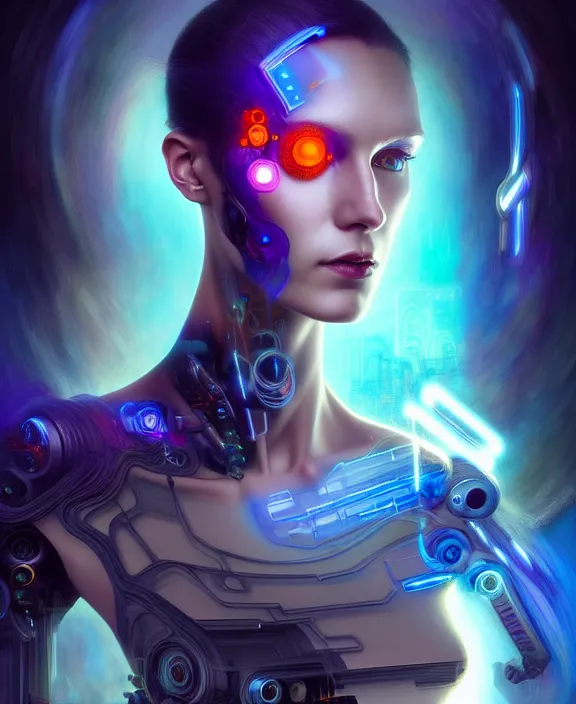 Image similar to a whirlwind of souls rushing inside the metaverse, hologram, half body, neurochip, shaved temple, piercing, jewelry, android, cyborg, cyberpunk face, by loish, d & d, fantasy, intricate, elegant, highly detailed, colorful, digital painting, artstation, concept art, art by artgerm and greg rutkowski and alphonse mucha