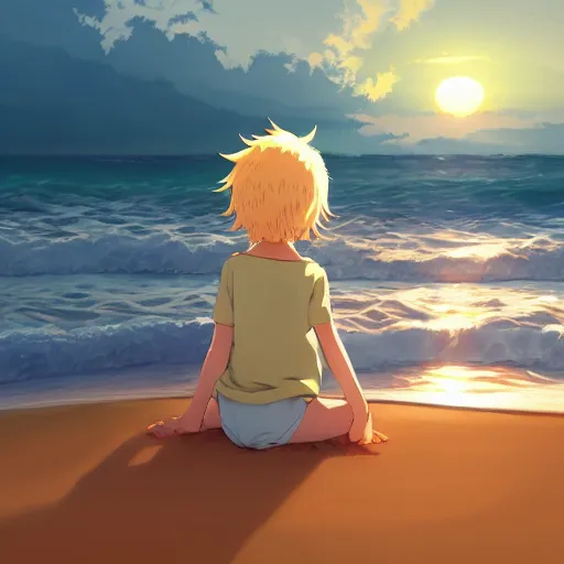 Image similar to beautiful, detailed digital painting of a blond-haired child sitting on the beach looking at the sunset, anime by Makoto Shinkai, sand, waves, trending on artstation