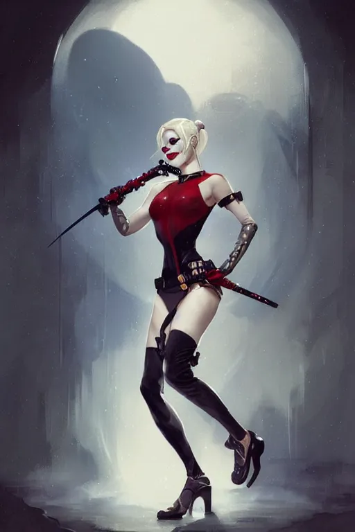 Image similar to elegant harley quinn high fashion gown aeon flux profile picture by greg rutkowski, dynamic pose, intricate, futuristic, fantasy, elegant, by stanley artgerm lau, greg rutkowski, thomas kindkade, alphonse mucha, loish, thierry mugler, norman rockwell,