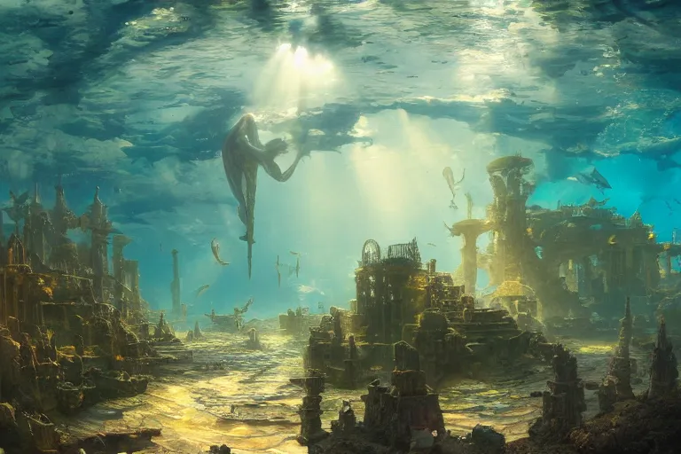 Image similar to a scenic landscaping view of the lost and abandoned city of Atlantic under water, ray of sunlight, mermaids in distance, Greg Rutkowski, Moebius, Mohrbacher, Mucha, blue and gold color scheme, ultra wide angle, ultra detailed, light effect