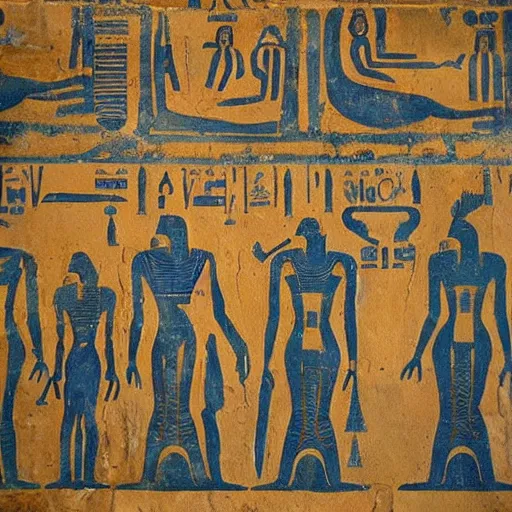 Prompt: aliens painting on a ancient egypt wall