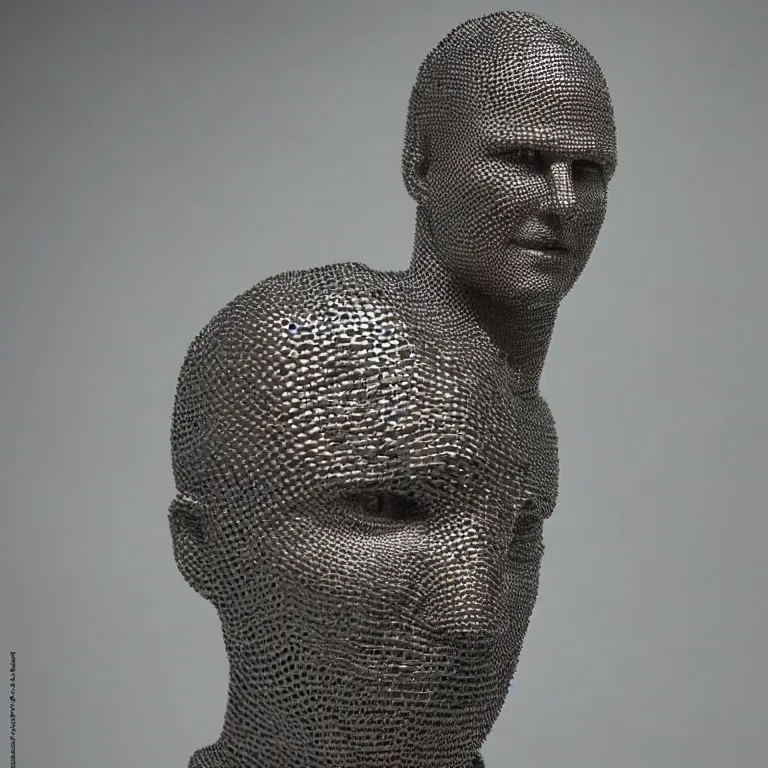 Prompt: studio photograph of accurate portrait sculpture of tom cruise, beautiful symmetrical!! face accurate face detailed face realistic proportions, made of chain mail and plate armor on a pedestal by ron mueck and frank frazzetta, cinematic lighting shocking detail 8 k