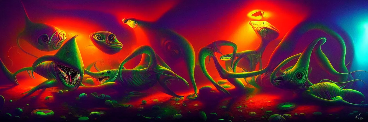 Prompt: strange alien fish creatures from the depths of the collective unconscious, dramatic lighting, surreal darkly colorful painting by ronny khalil