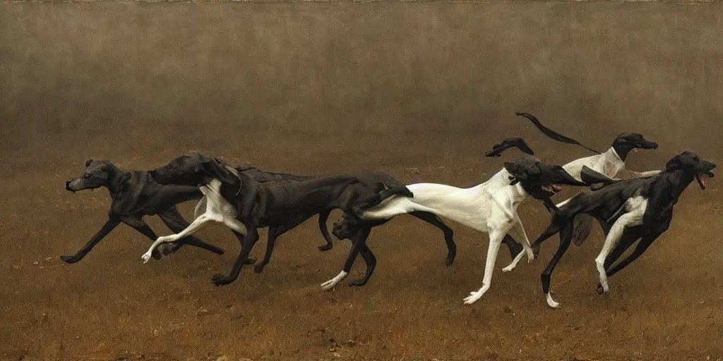 Image similar to black greyhounds running in the night, dark environment, by john charles dollman, nicola samori and andrew wyeth. highly detailed, realistic. dark atmosphere