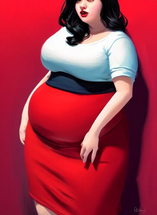 Image similar to full body portrait of teenage veronica lodge, obese, bangs, sultry, realistic, sultry smirk, wavy hair, red skirt, fat, belly, intricate, elegant, glowing lights, highly detailed, digital painting, artstation, concept art, smooth, sharp focus, illustration, art by wlop, mars ravelo and greg rutkowski