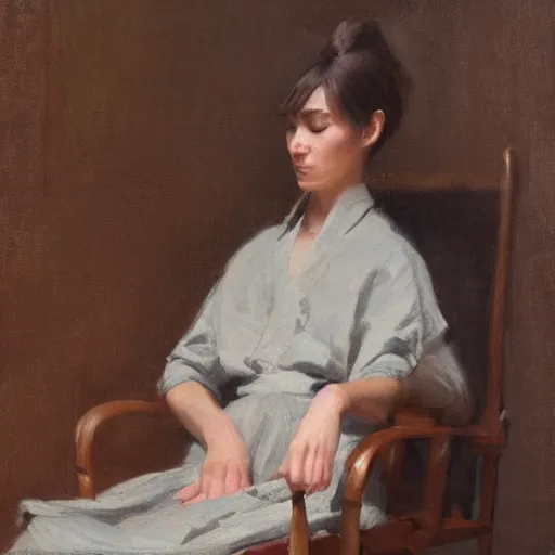 Image similar to woman with ponytail hairstyle, sitting in wooden chair, in the style of jeremy lipking
