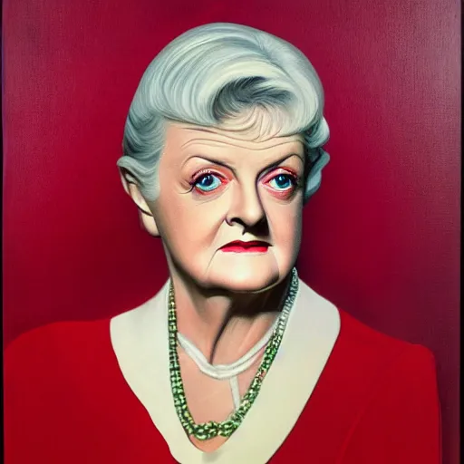 Image similar to very detailed and attractive portrait of dame angela lansbury backlit with an ominous red glow, painted by rene magritte