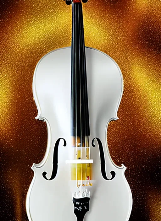 Prompt: white pearlescent biomechanical cello with gold, copper, bronze, iridescent titanium in a swirling mist, cinematic forest lighting, crystalline masterpiece incrustations, specular highlights,