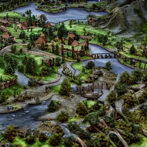 Image similar to serene landscape with a river in the style of a warhammer 4 0 k battlefield, tiltshift view