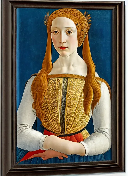 Image similar to portrait of young woman in renaissance dress and renaissance headdress, art by sandro botticelli