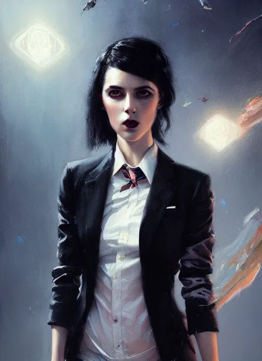 Prompt: a ultradetailed beautiful panting of a stylish woman wearing a shirt with a tie, she has black hair, disressed, background explosion, tom bagshaw and jon foster, greg rutkowski on artstation