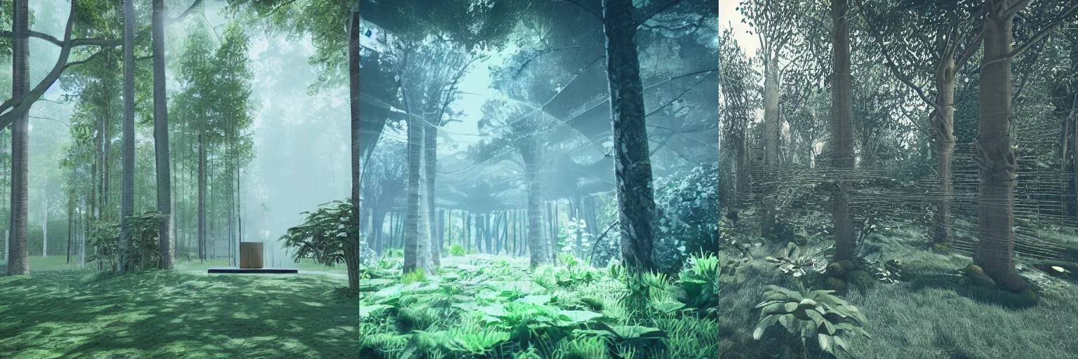Prompt: An abstract sanctuary in a wireframe forest, 3D render, octane render, unreal engine