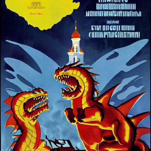 Prompt: poster for movie about Dragon Invasion of Moscow,