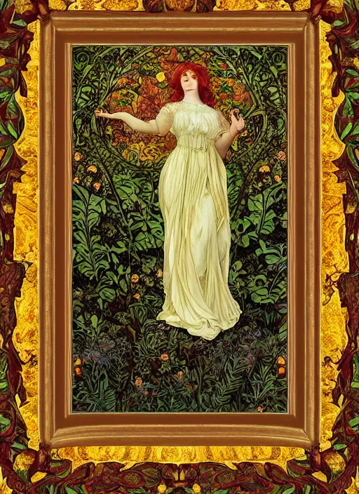Image similar to masterpiece beautiful seductive flowing curves pose preraphaelite portrait photography, extreme close up, straight bangs, thick set, yellow ochre ornate medieval dress, mushroom forest arch, amongst foliage, william morris and kilian eng and mucha, framed, 4 k