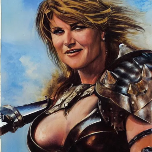 Image similar to portrait of lucy lawless wearing armor and holding sword by frank fazetta, fantasy, barbarian