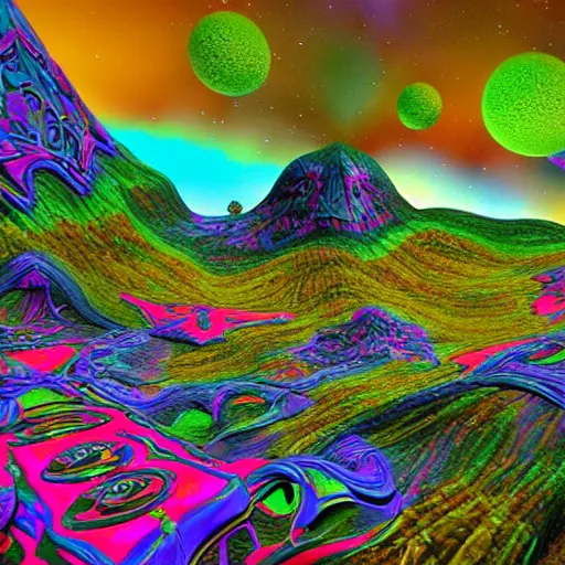 Prompt: 3 d render of a psychedelic landscape full of lots of creatures