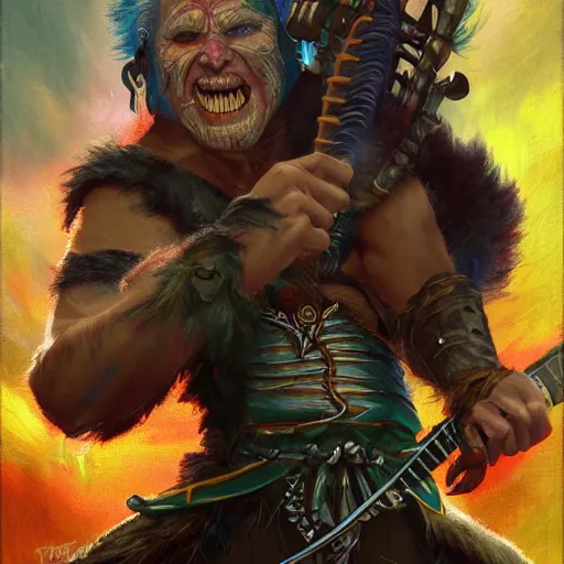 Image similar to detailed photo of a Half-orc bard portrayed by Gary Busey, 8k,by Tristan Eaton, Stanley Artgermm, Tom Bagshaw, Greg Rutkowski, Carne Griffiths, trending on DeviantArt, face enhance, hyper detailed ,full of color, dramatic lightning, epic stance