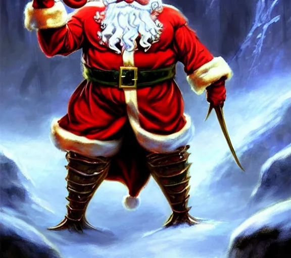 Image similar to magic : the gathering fantasy character concept art of the great anthropomorphic lobster wearing santa outfit by franz frazetta, high resolution. a clear portrait of powerful lobster wearing a santa outfit, magical christmas fantasy in background, fantasy coloring, intricate, digital painting, artstation, smooth, sharp focus