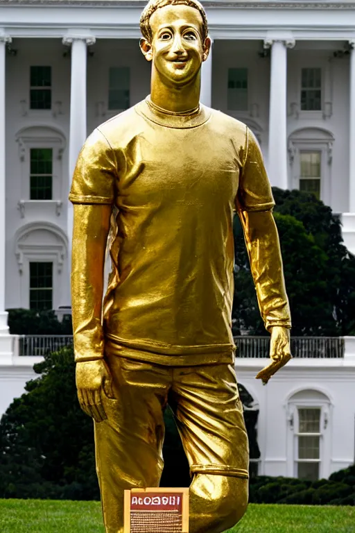 Image similar to A beautiful gold stone statue of Mark Zuckerberg in front of White House, photo by Steve McCurry, heroic pose, detailed, smooth, smiling, professional photographer