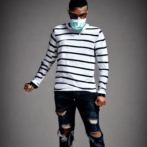 Prompt: professional sketch of a full-body view of a stylish young adult man with short hair wearing a black face mask, a striped long-sleeved shirt, and ripped jeans, high quality, HD, 8K, highly detailed, award-winning