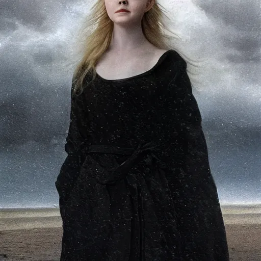 Image similar to Elle Fanning in a black robe holding fire on the beach, head and shoulders portrait, stormy weather, extremely detailed masterpiece, Roger Deakin’s cinematography, oil on canvas, Johannes Vormeer,