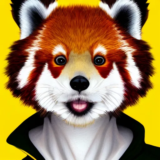 Image similar to beautiful portrait commission of a female furry anthro red panda wearing a yellow hoodie, trending on artstation